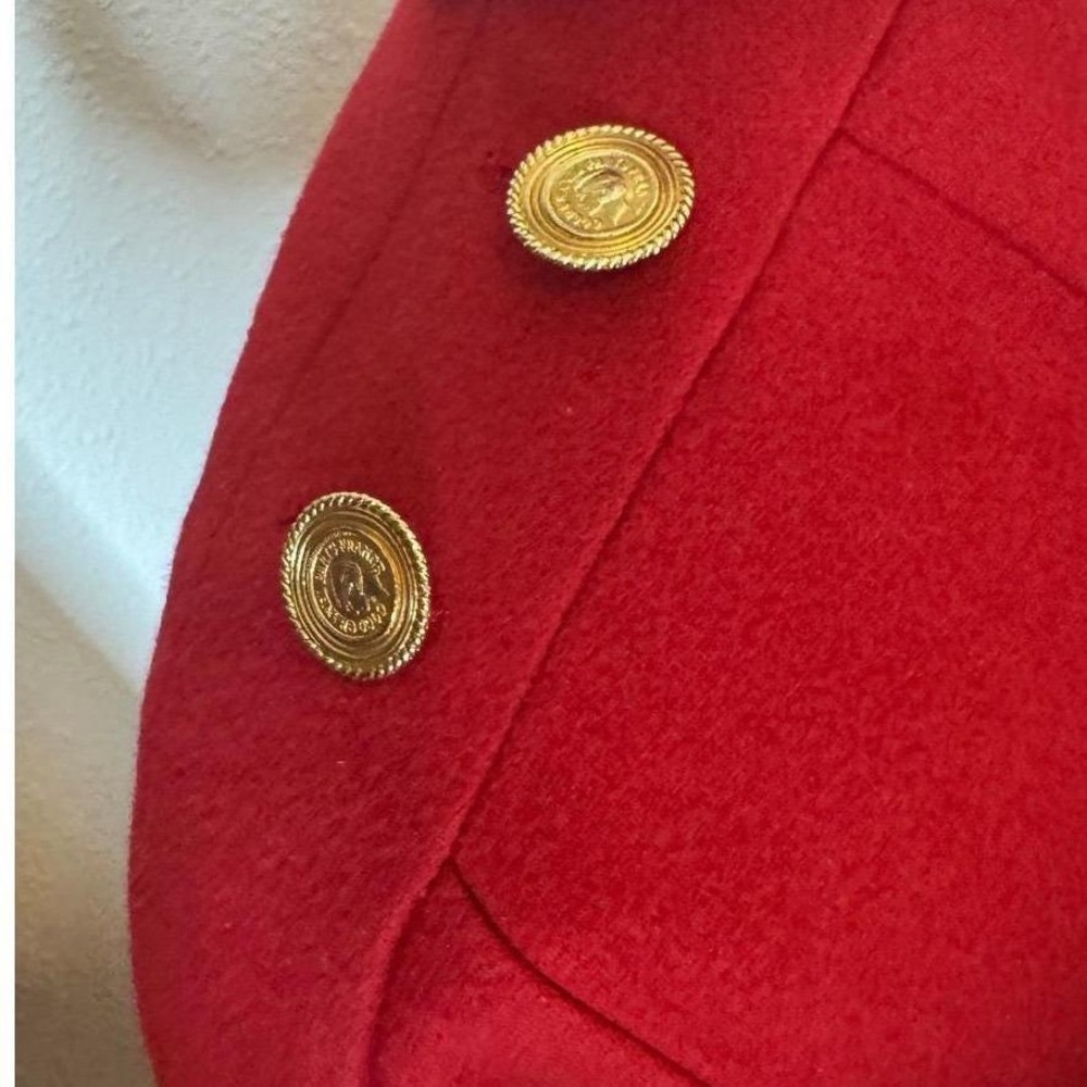 CHANEL VTG 80s Red Wool Double Breasted Coat Coco Coin Buttons 34 - Picture 10 of 12